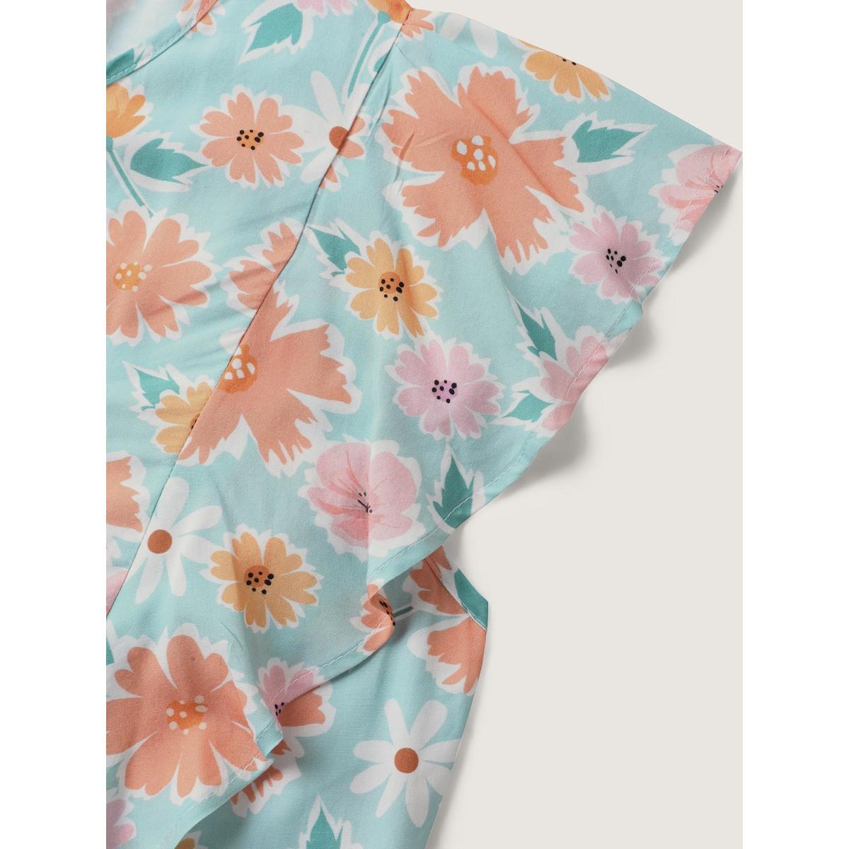 Plus Size Greenbean Floral Print Ruffled Sleeve Blouse Women Cap Sleeve Flat collar with V-notch Casual Blouses BloomChic 18-20/2X Product Image