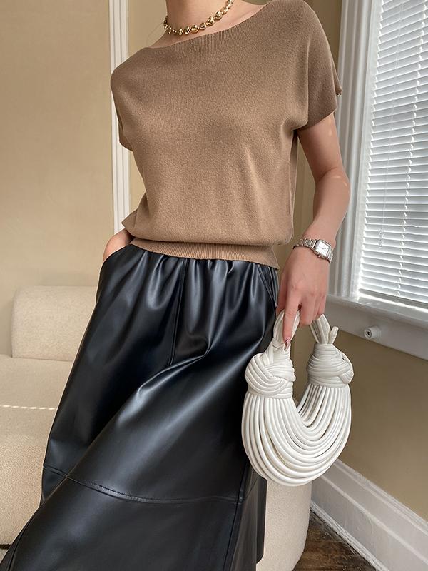 Stylish Loose Solid Color Boat Neck Knitwear Pullovers Tops Product Image