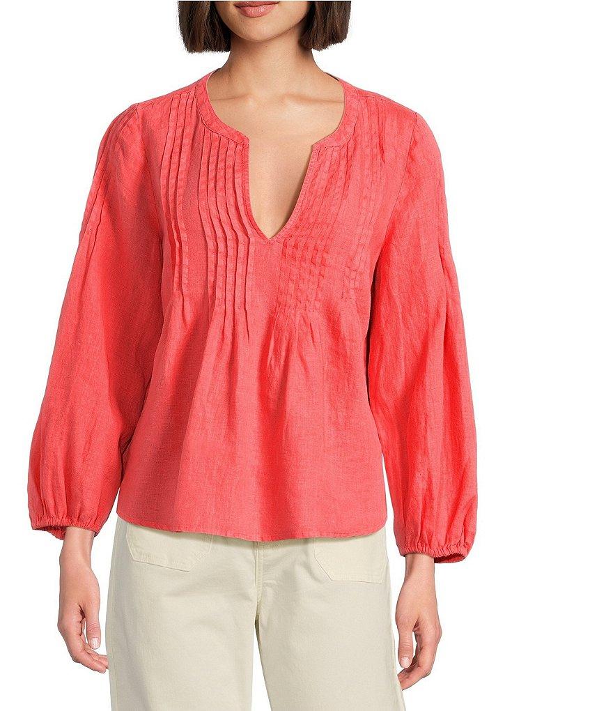 Tommy Bahama Coastalina Pintuck Solid Linen Plain Weave Split V-Neck Long Sleeve Peasant Top Product Image