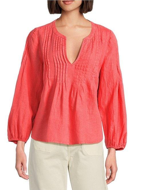 Tommy Bahama Coastalina Pintuck Solid Linen Plain Weave Split V-Neck Long Sleeve Peasant Top Product Image
