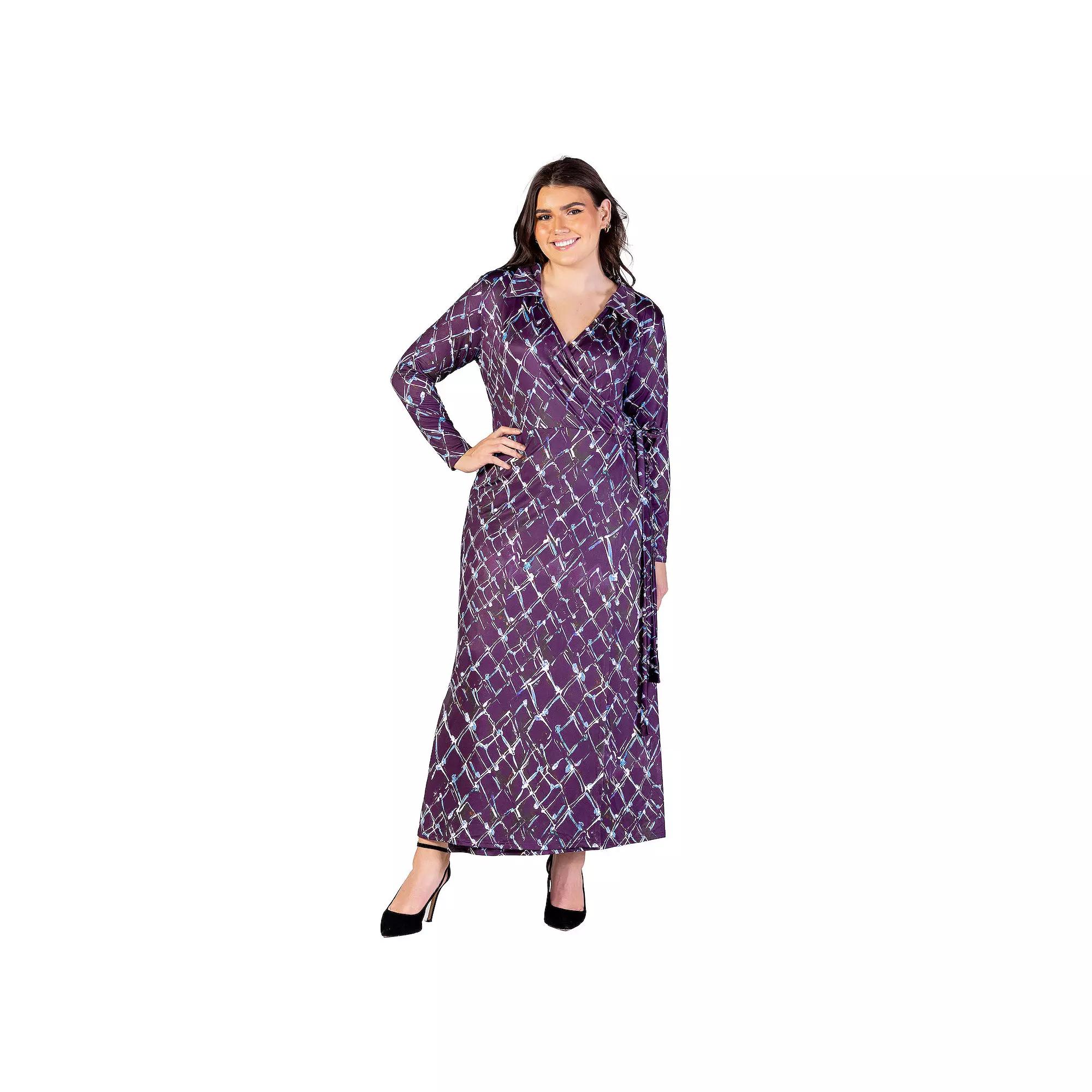 Plus Size 24Seven Comfort Apparel Purple Print Collared Wrap Maxi Dress, Women's, Size: 2XL, Purple Team Product Image