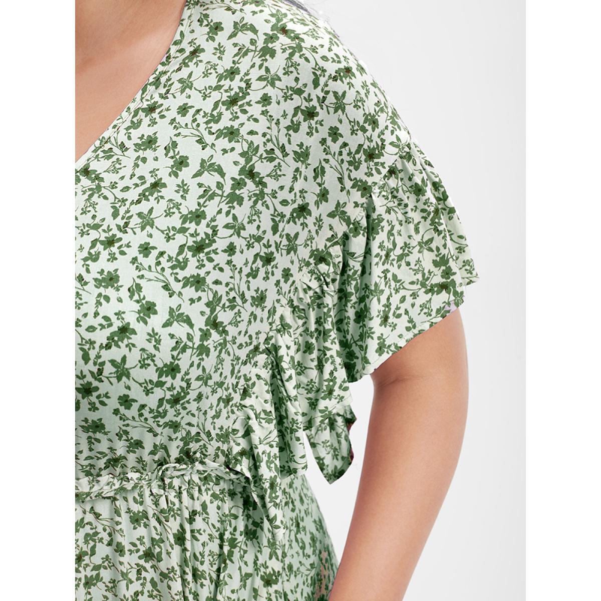 Plus Size Ditsy Floral Ruffles Pocket Button Split Maxi Dress LightGreen Women Elegant Printed V-neck Cap Sleeve Curvy Long Dress BloomChic 30/6X Product Image