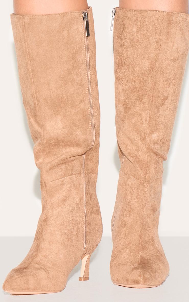 Taupe Faux Suede Point Toe Mid Heeled Knee High Boots Product Image