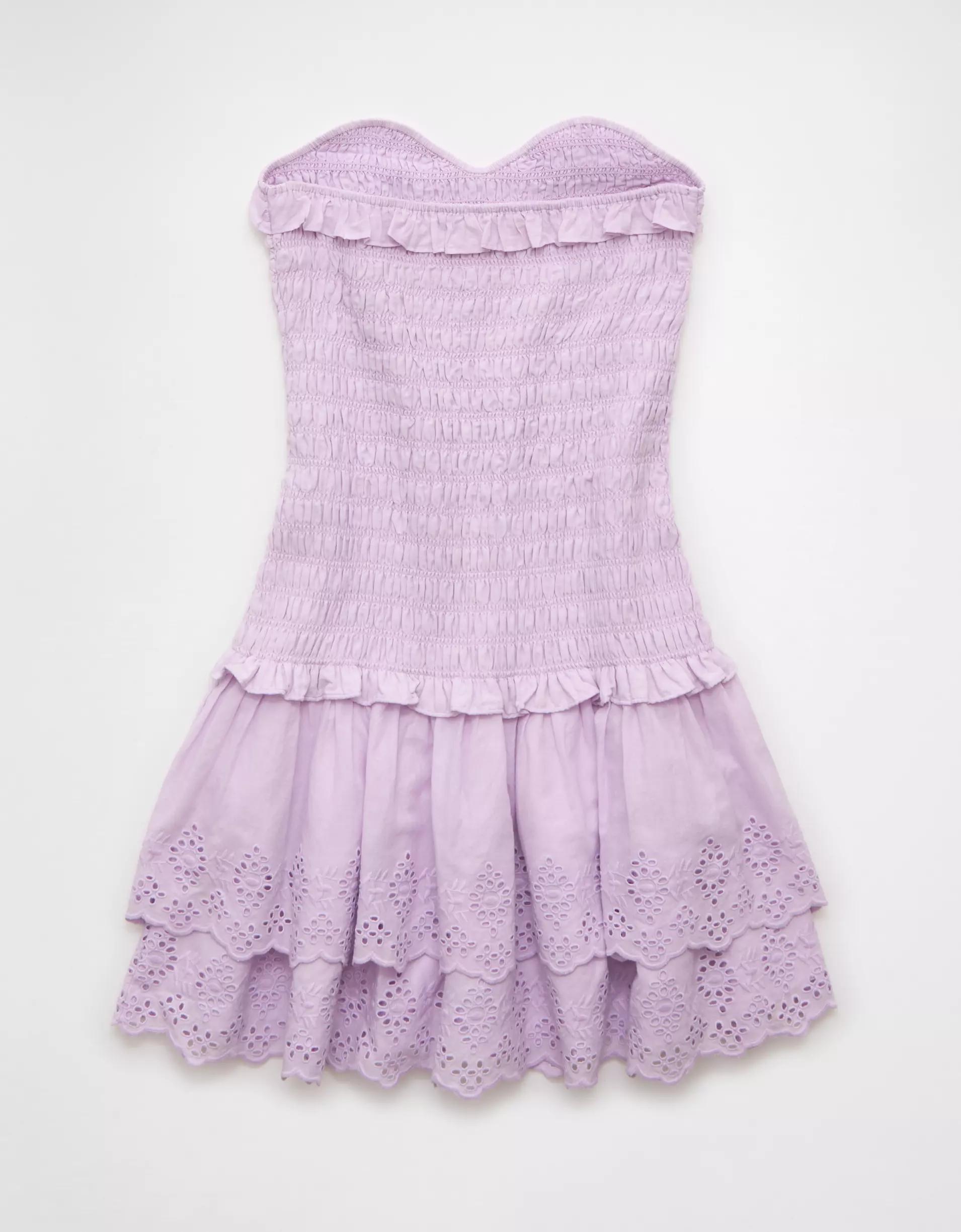 AE Strapless Smocked Ruffle Drop Waist Mini Dress Product Image