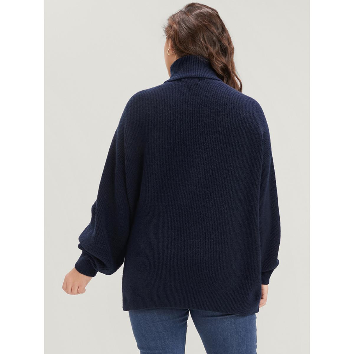 Plus Size Solid Rib Knit Lantern Sleeve Funnel Neck Sweater Midnight Women Elegant Loose Long Sleeve Turtleneck Dailywear Pullovers BloomChic 18-20/2X Product Image