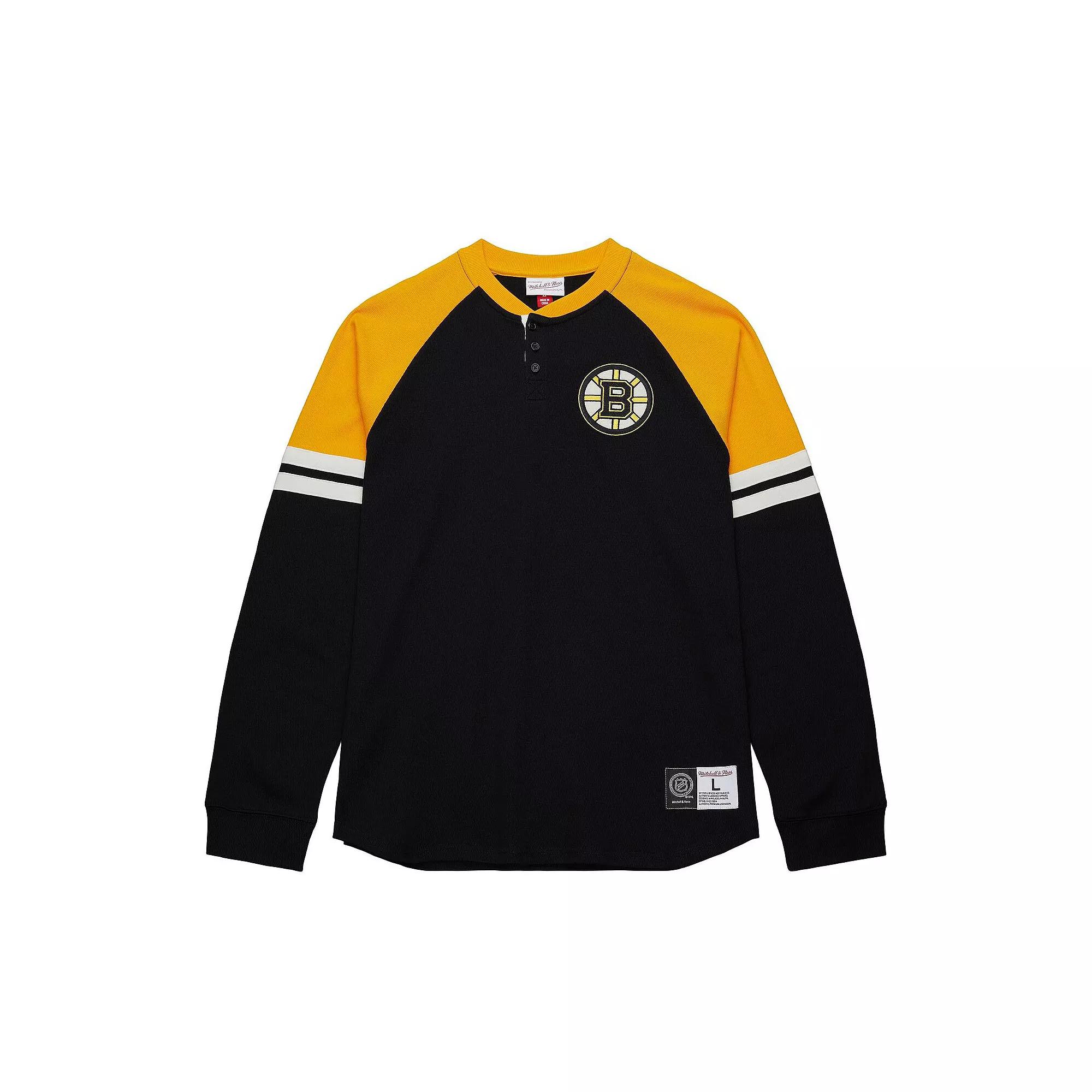Men's Mitchell & Ness Black Boston Bruins Thermal Henley Long Sleeve T-Shirt,  Product Image