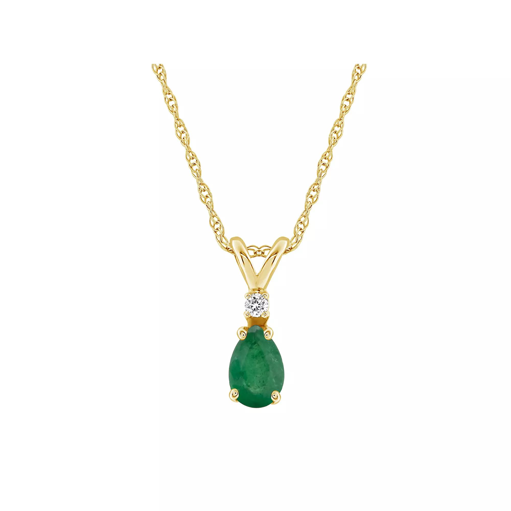 Celebration Gems 14K Yellow Gold Pear-Shaped Emerald & Diamond Accent Pendant Necklace, Women's,  Product Image