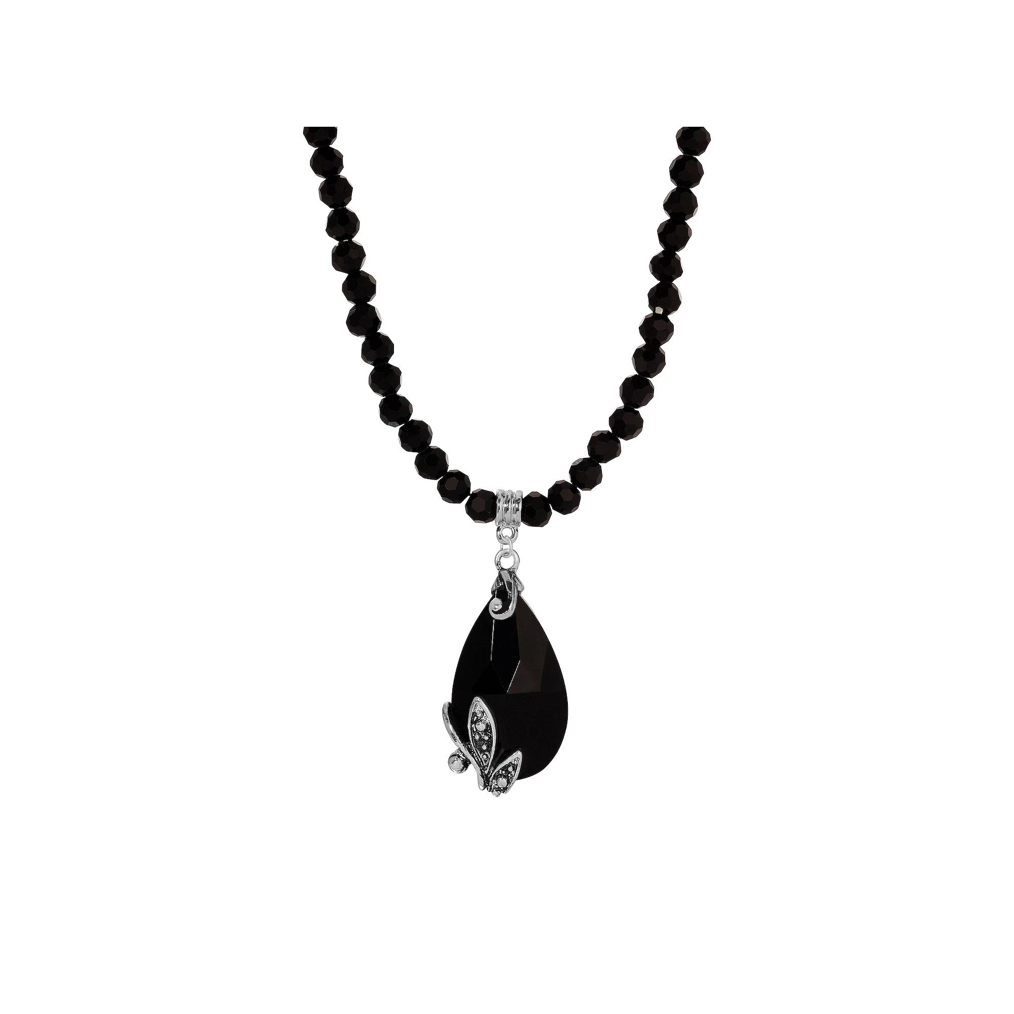 1928 Silver Tone Jet Beaded Teardrop Necklace, Women's, Black Product Image