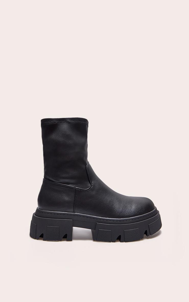 Black Pu Textured Extreme Cleated Sole Ankle Sock Boots Product Image