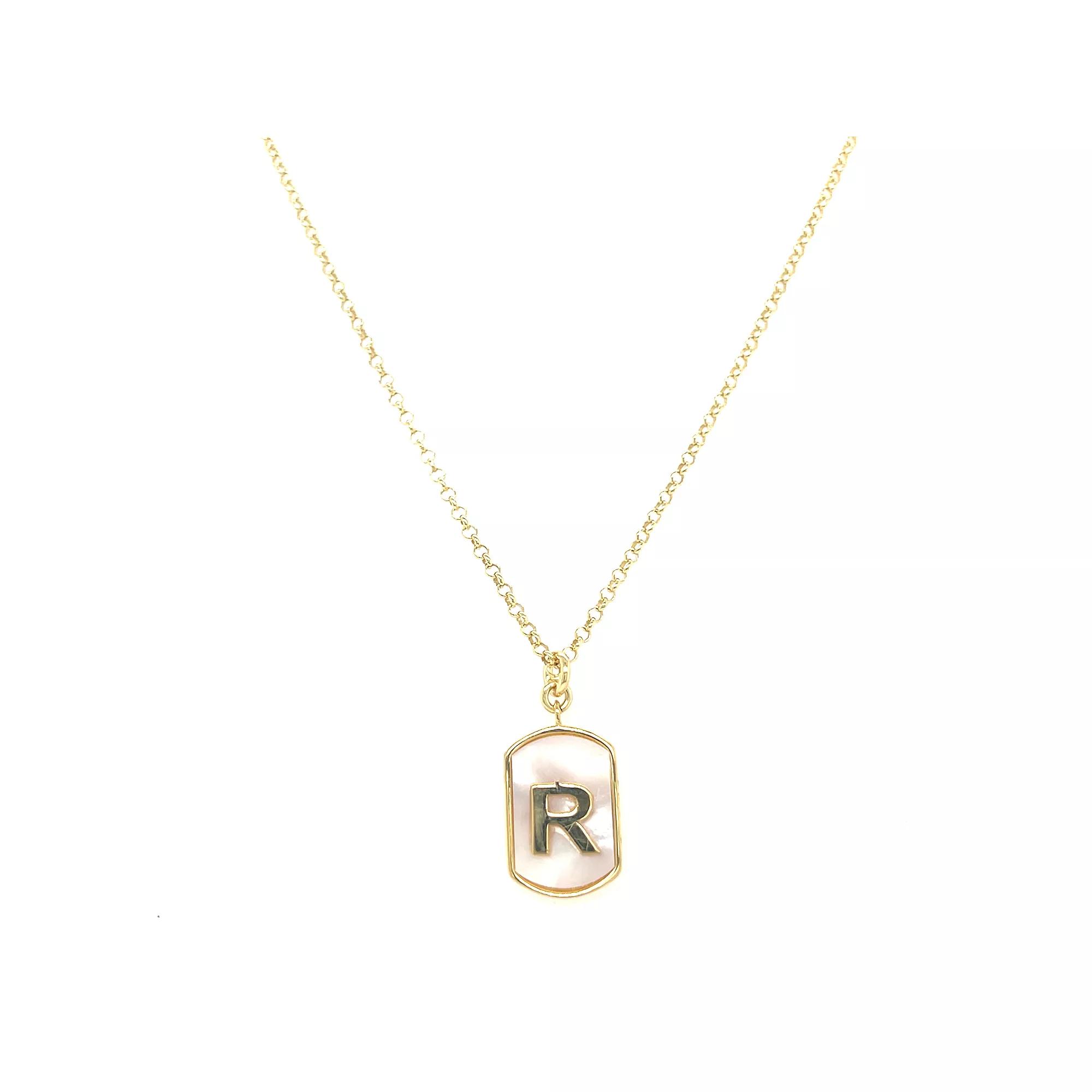 Meshmerise 18k Gold Over Silver Mother-Of-Pearl Initial Dog Tag Necklace, Women's, Size: 16-18" ADJ, Gold Tone R Product Image
