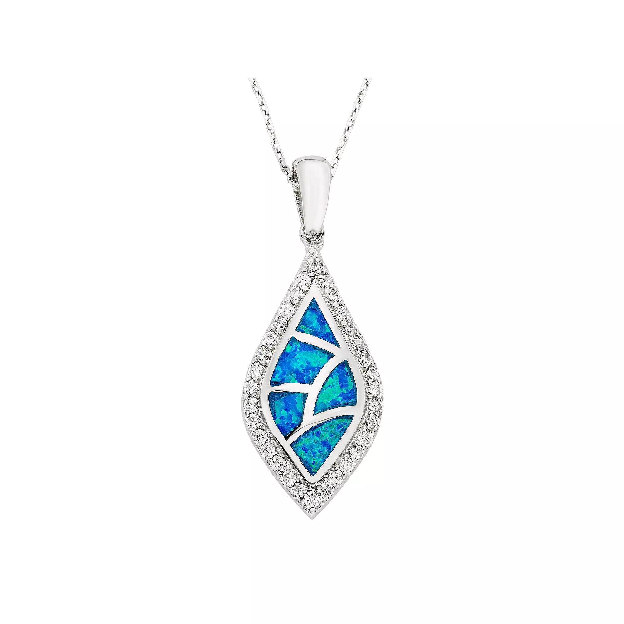 Lab-Created Blue Opal & Cubic Zirconia Sterling Silver Mosaic Marquise Pendant Necklace, Women's, Size: 18" Product Image