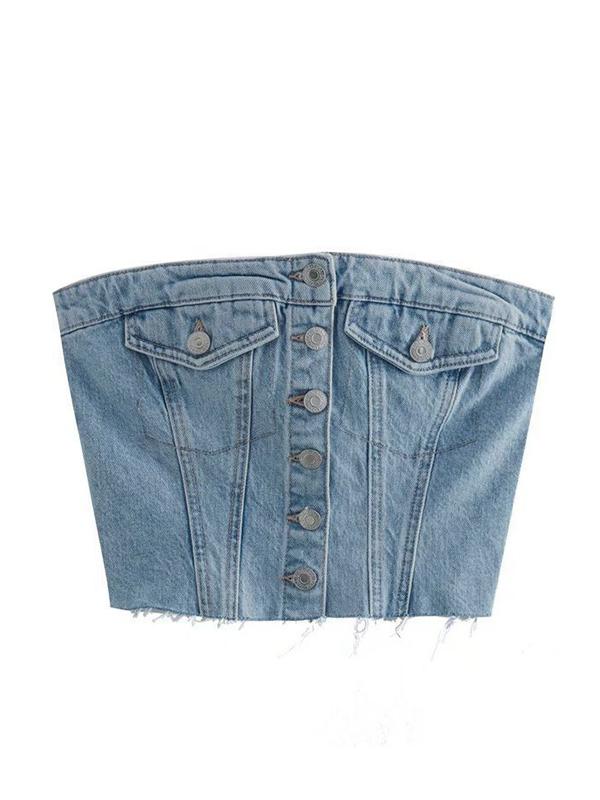 Vintage Denim Flap Detail Breasted Bandeau Top Product Image