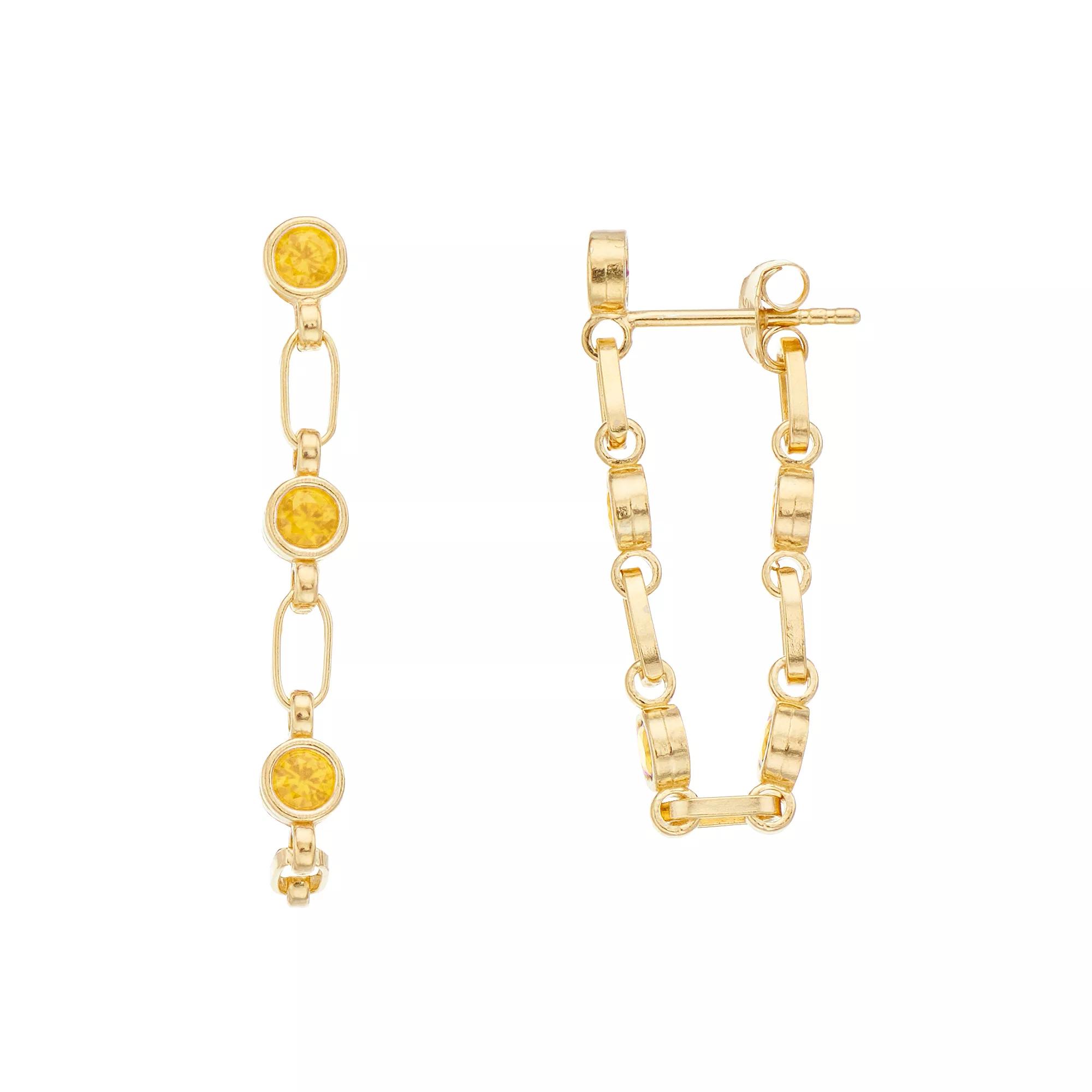 Kristen Kesho Sterling Silver Lab-Created Yellow Sapphire Front-to-Back Chain Hoop Earrings, Women's, Gold Tone Product Image