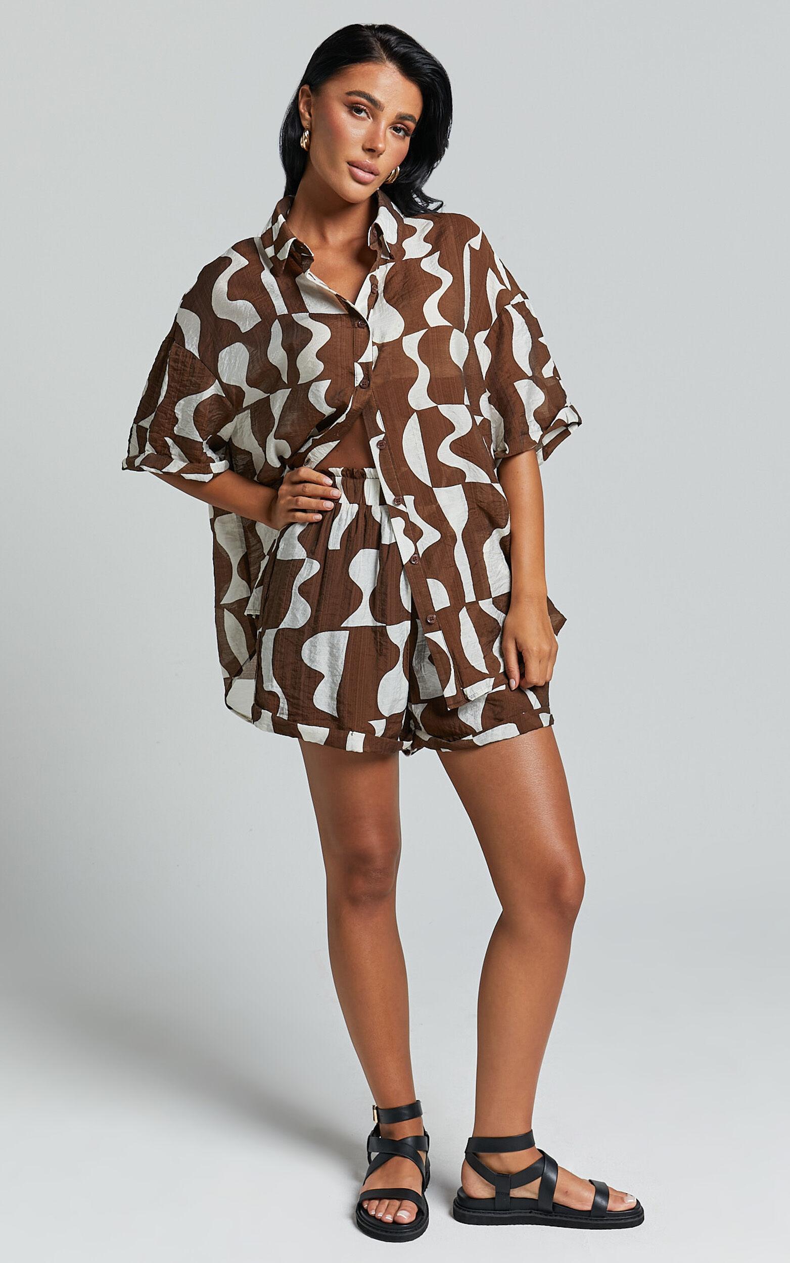 Nadiane Shorts - Shirred High Waisted Shorts in Chocolate Mono Wave Product Image
