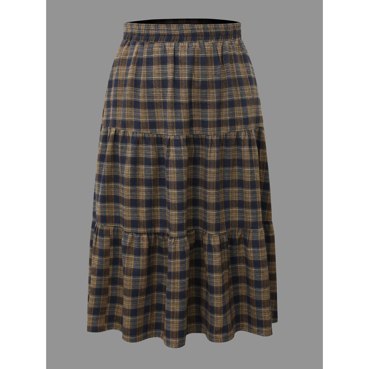 Plus Size Plaid Pattern Stretchy Waist Skirt Women Indigo Elegant Gathered No stretch Side seam pocket Everyday Skirts BloomChic 14-16/1X Product Image