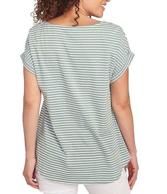 Ruby Rd. Petite Size Soft Jersey Knit Floral Stripe Boat Neck Short Cuff Sleeve Top Product Image