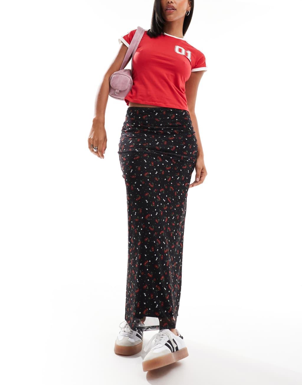 Daisy Street maxi skirt in mesh cherry print Product Image
