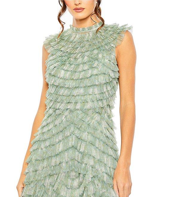 Mac Duggal Mock Neck Micro Ruffle Sleeveless Mesh A-Line Midi Dress Product Image