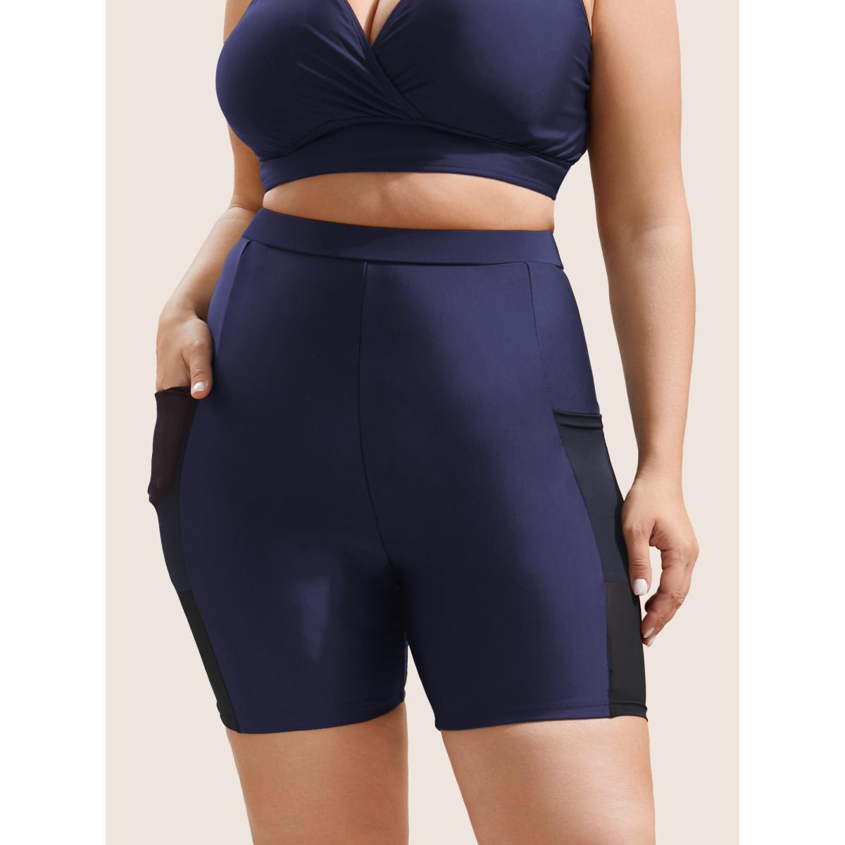 Plus Size Plain Mesh Patchwork Patched Pocket Swim Bottoms Women's Swimwear Indigo Resort See through High stretch Skinny High Rise Slanted pocket Curve Swim Bottoms BloomChic 18-20/2X Product Image