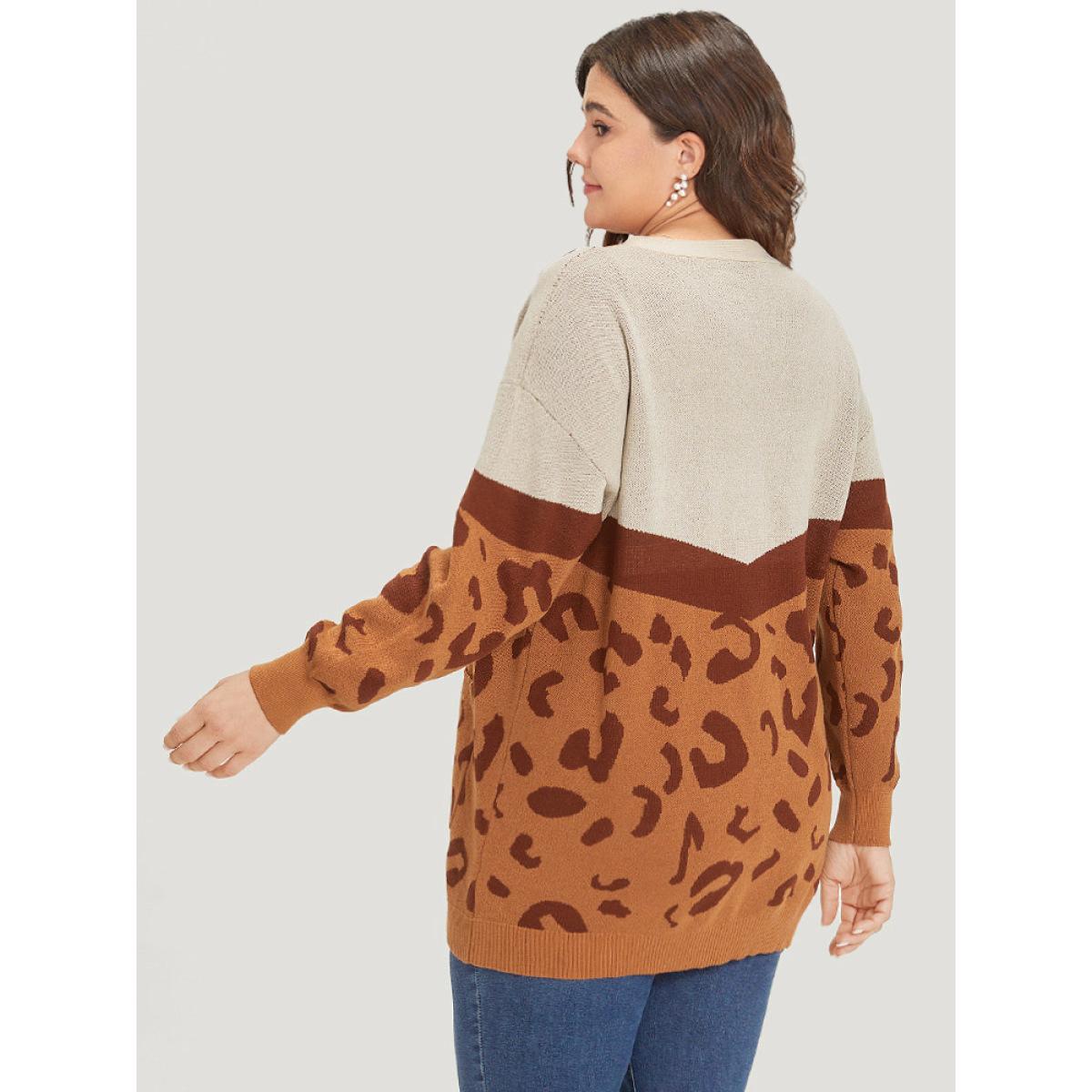 Plus Size Leopard Print Contrast Button Down Patched Pocket Cardigan Chocolate Women Casual Loose Long Sleeve Dailywear Cardigans BloomChic 22-24/3X Product Image