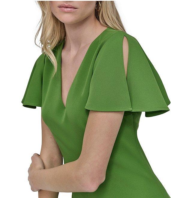 DKNY by Donna Karan Stretch V Neck Short Split Sleeve Fit and Flare Midi Dress Product Image