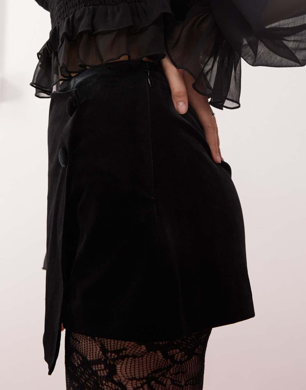 Miss Selfridge velvet wrap button detail skort in black Product Image
