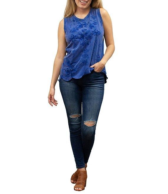 Karyn Seo Nell Tonal Embroidered Floral Motif Round Neck Sleeveless Tank Product Image