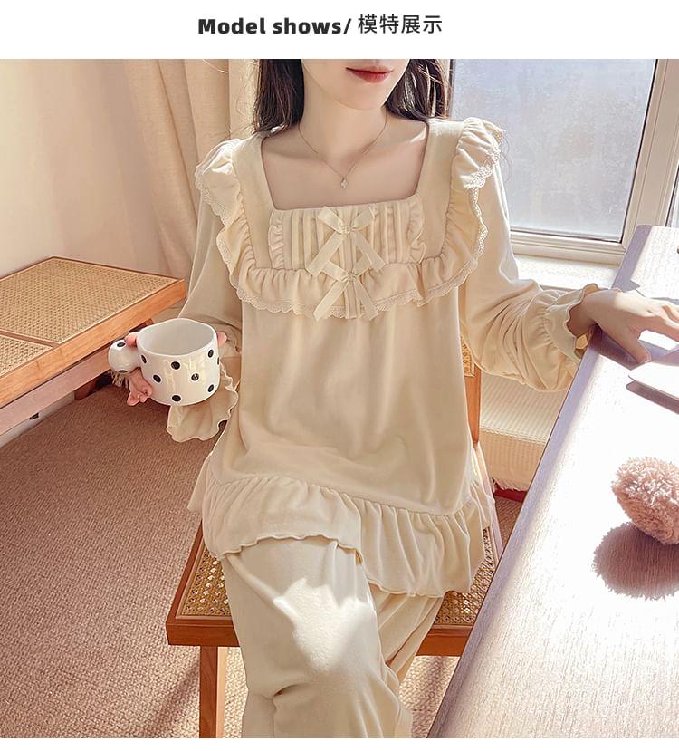 Pajama Set: Long Sleeve Square Neck Plain Ruffle Top + Straight Leg Pants Product Image