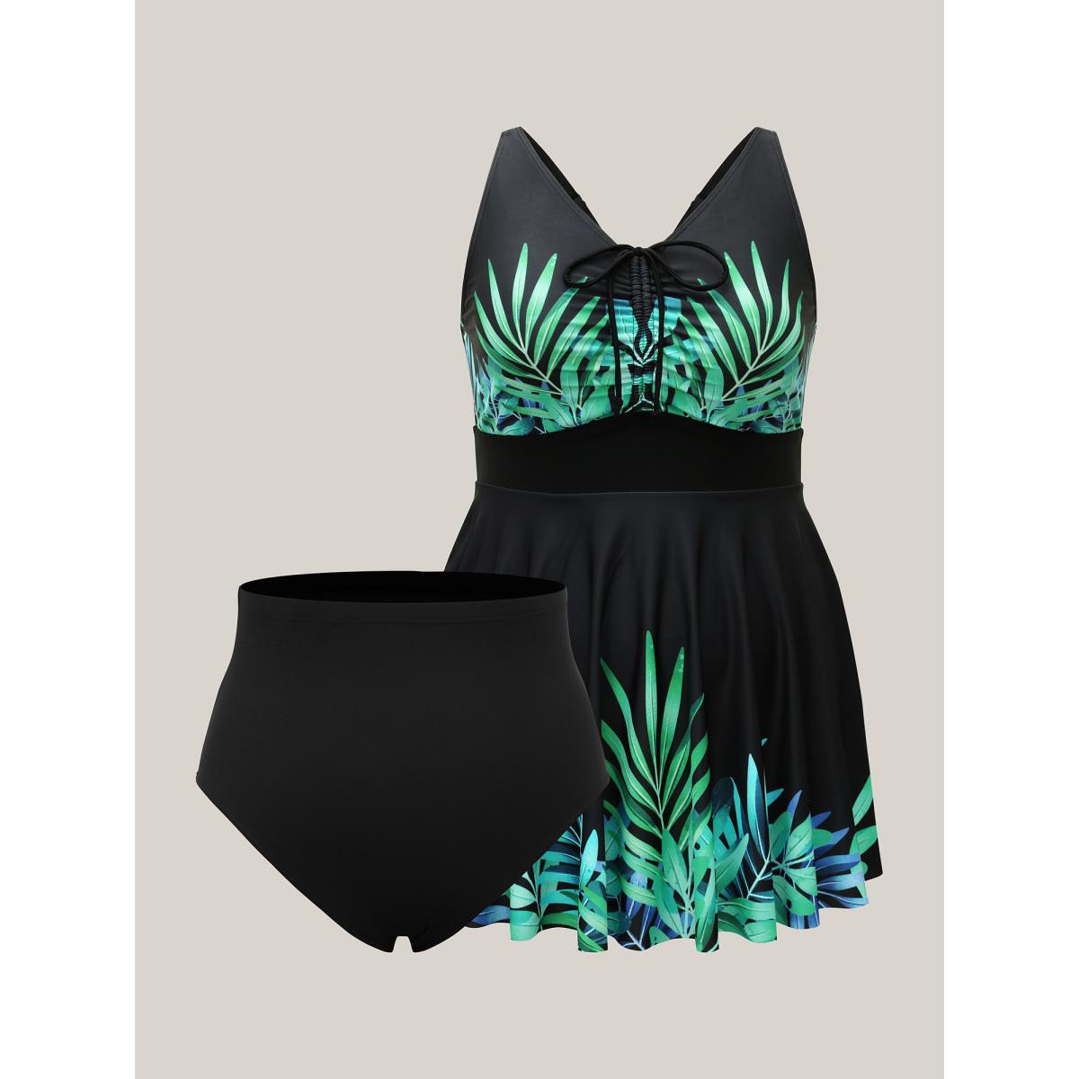 Plus Size Tropical Print Adjusable Drawstring One-Piece Swimsuit Women's Swimwear Black Beach Bodycon U-neck High stretch Curve Swim Dresses BloomChic 12/L Product Image