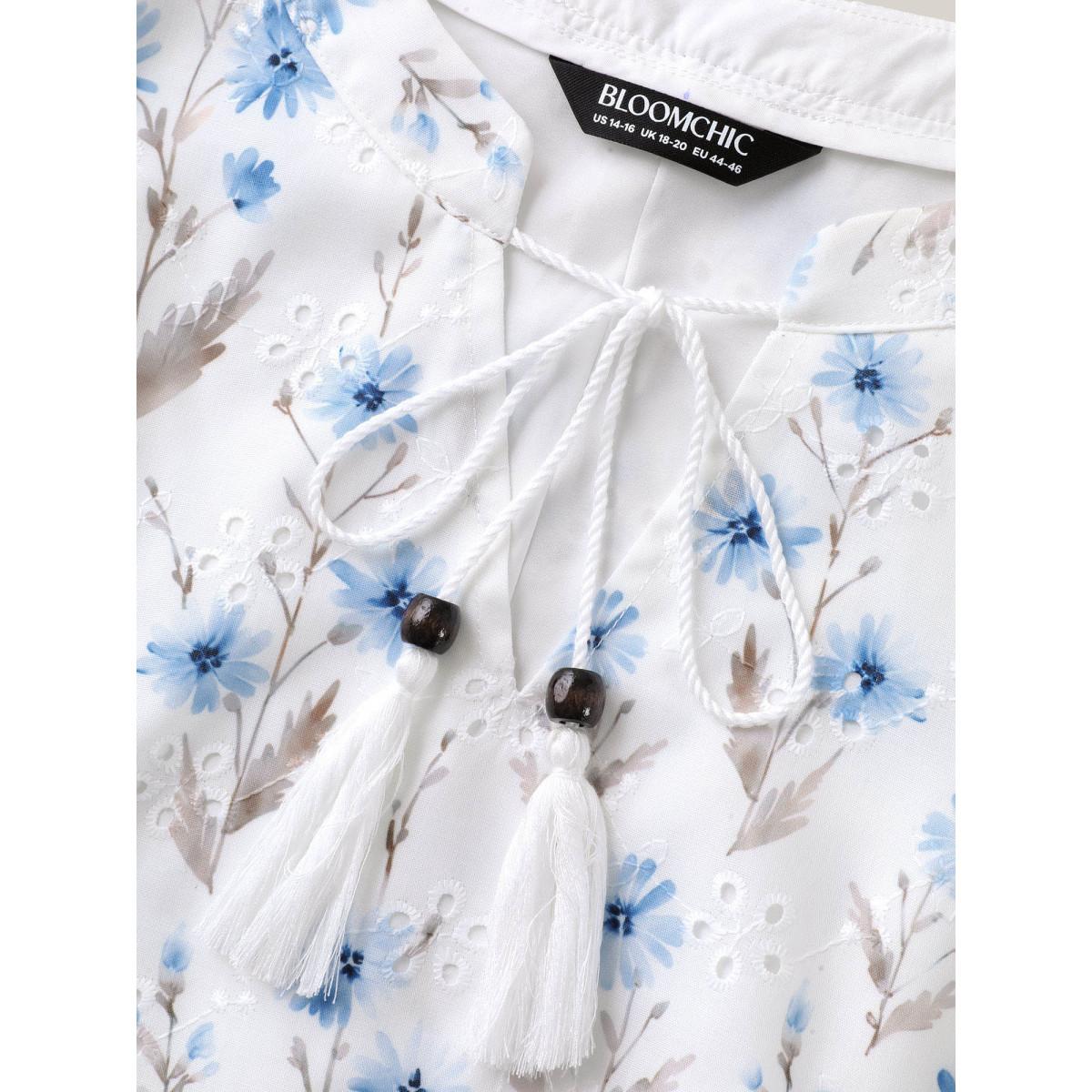 Plus Size LightBlue Cotton Embroidered Tassel Tie Flowy Blouse Women Short sleeve Flat collar with V-notch Vacation Blouses BloomChic 18-20/2X Product Image
