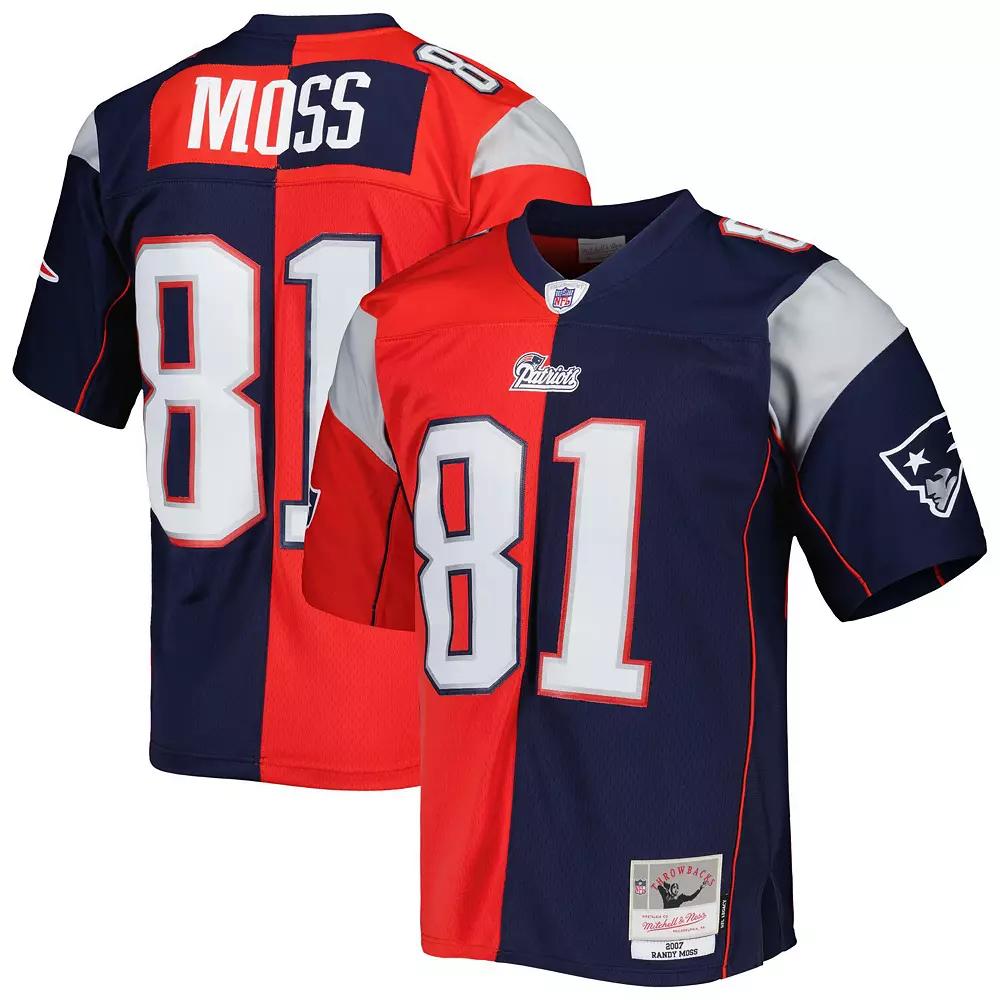 Men's Mitchell & Ness Randy Moss Navy/Red New England Patriots 2007 Split Legacy Replica Jersey, Size: 4XL, Blue Product Image