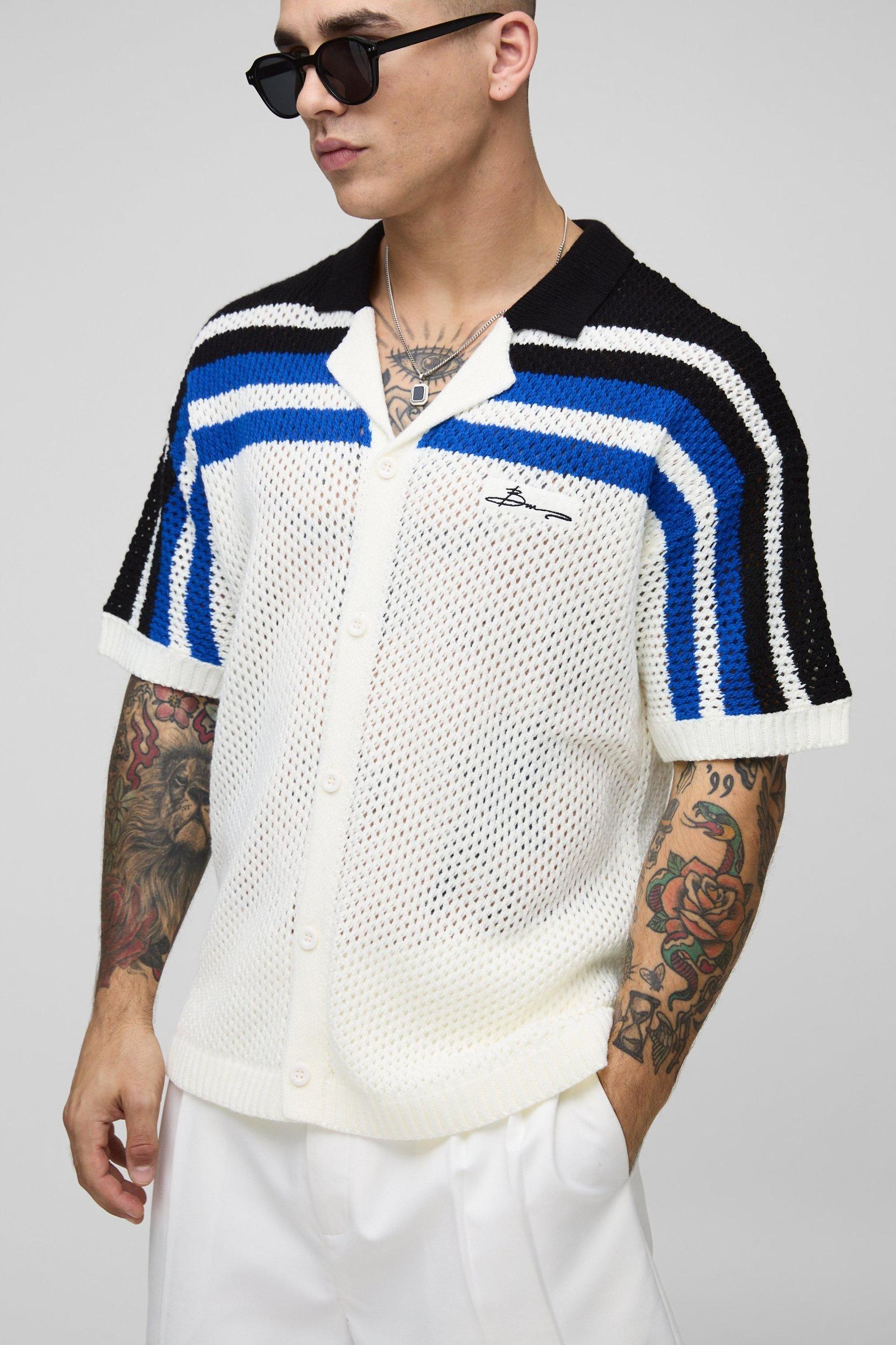 Relaxed Fit Striped Open Stitch Knitted Shirt | boohooMAN USA Product Image