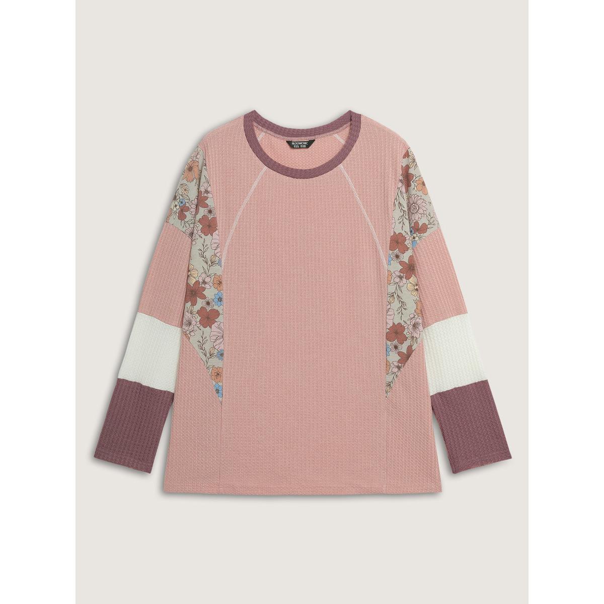 Plus Size Floral Colorblock Waffle Round Neck Sweatshirt Women Nudepink Leisure Texture Round Neck Casual Sweatshirts BloomChic 30/6X Product Image