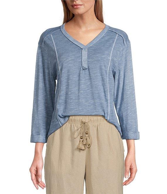 Westbound Rolled 3/4 Sleeve Faux Henley Top Product Image