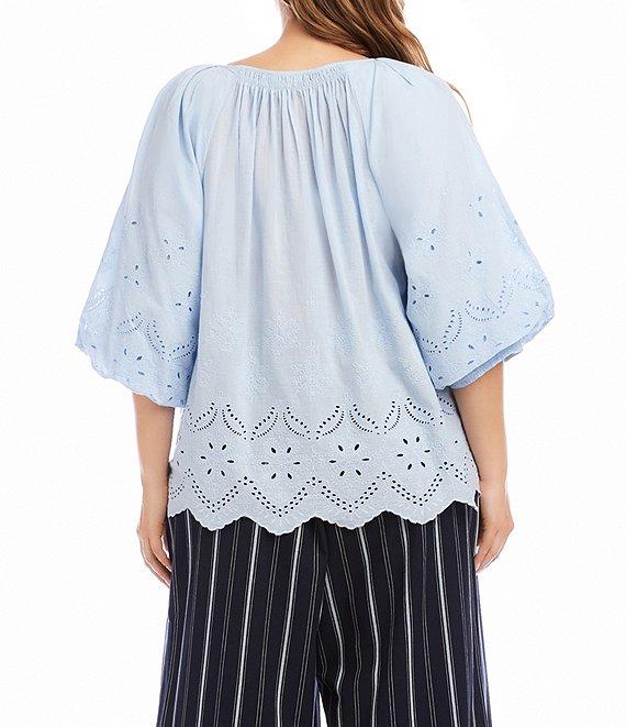Karen Kane Plus Size Eyelet Embroidered 3/4 Puff Sleeve Tie Neck Top Product Image