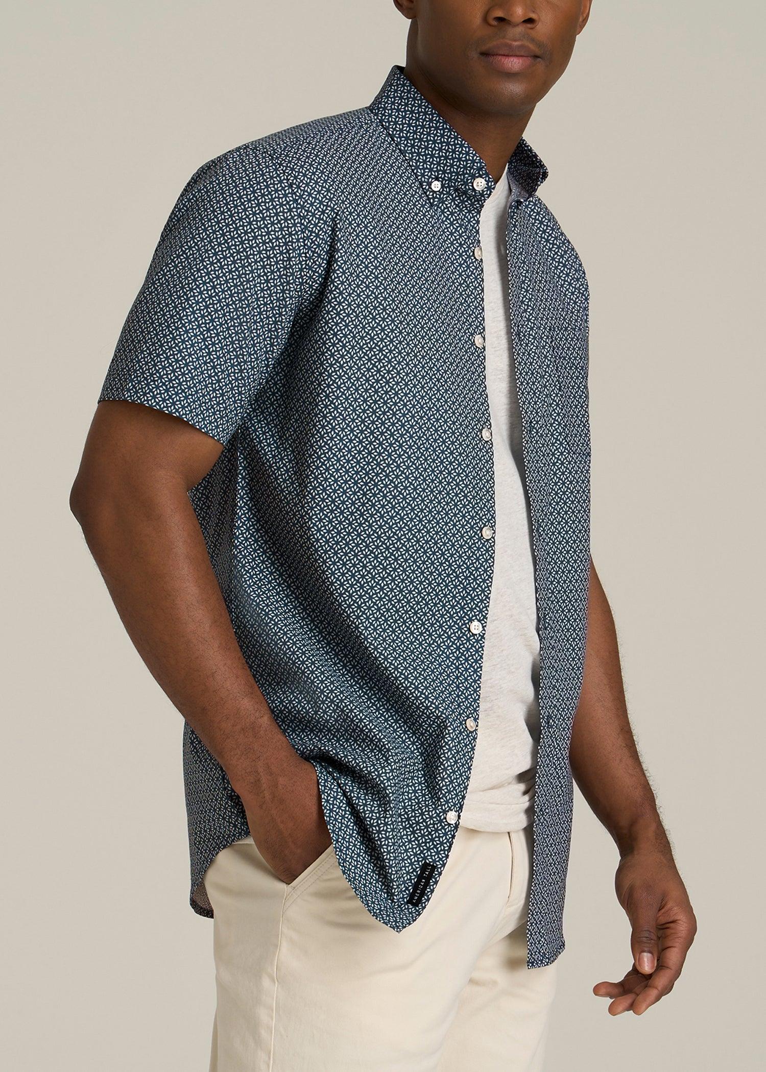 Short Sleeve Shirt for Tall Men in Grey and Blue Geometric Male Product Image