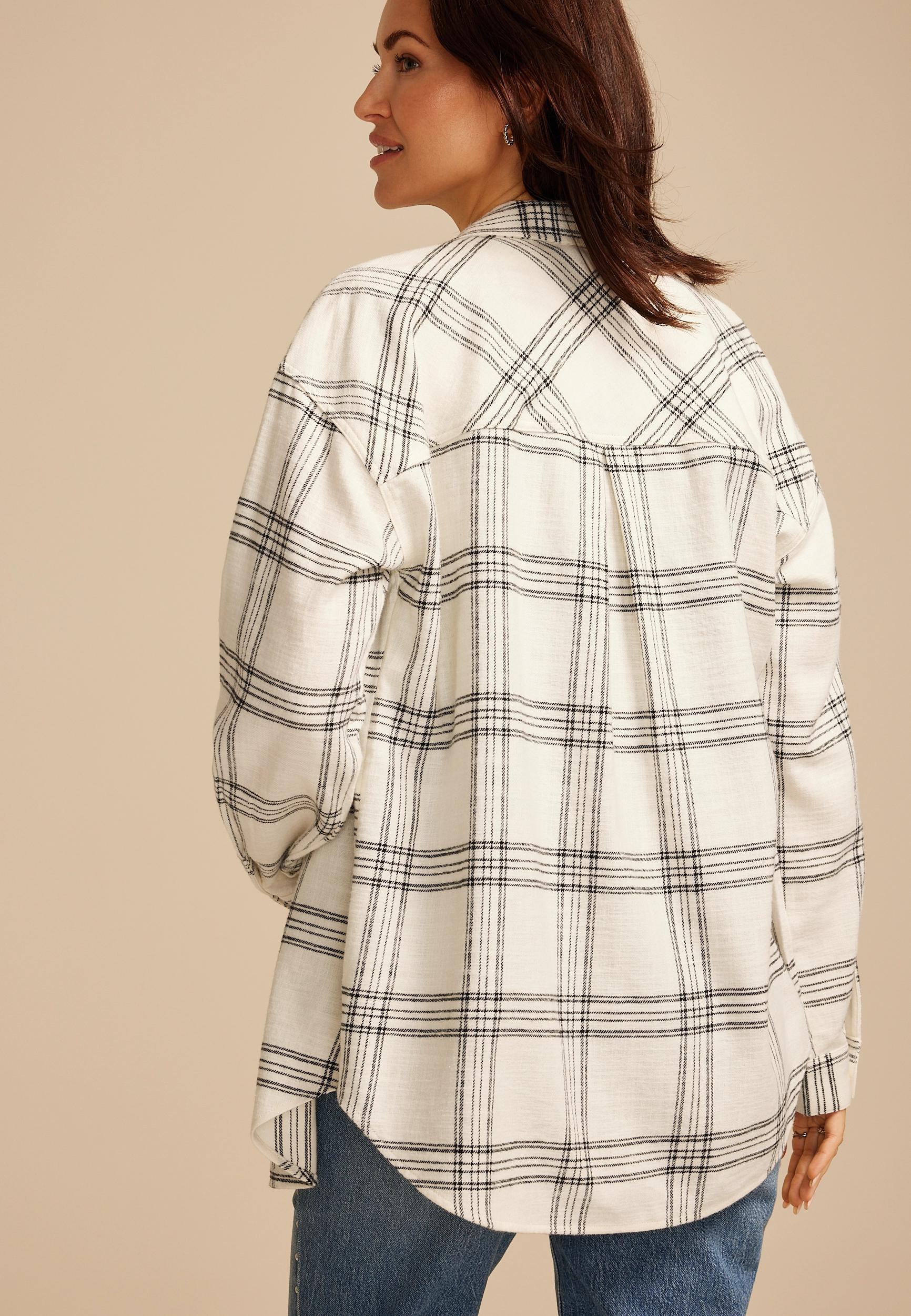 Cabin Plaid Boyfriend Tunic Button Down Shirt Product Image