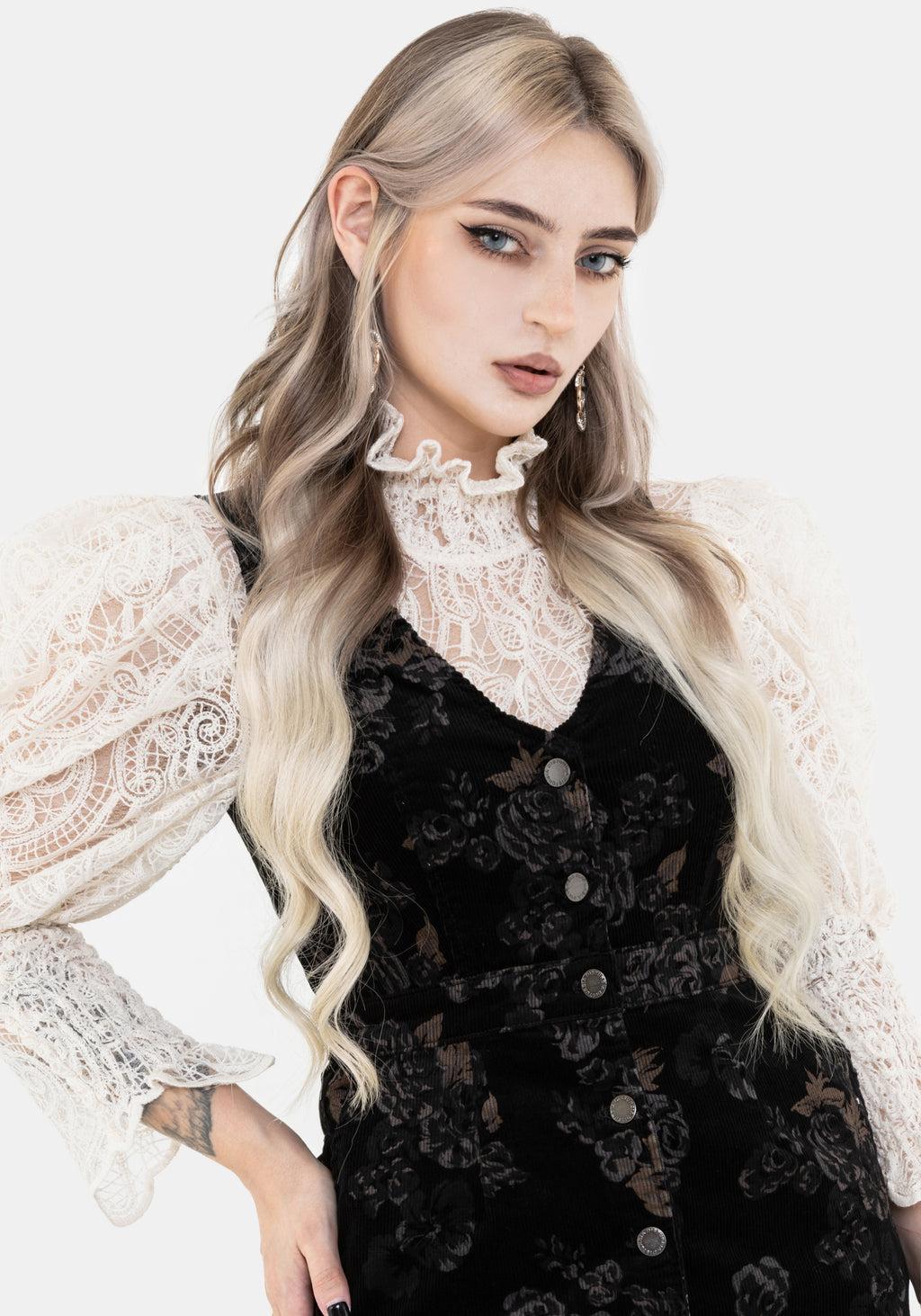 Fleur Corduroy Deep V Neck Floral Print Mini Dress Product Image