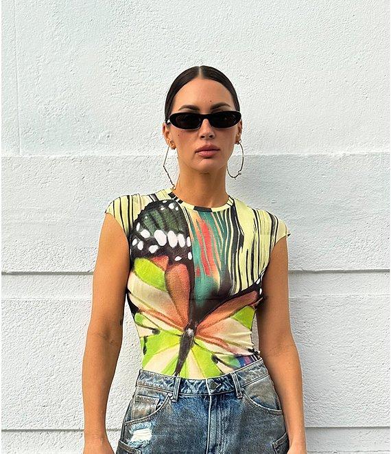 AFRM Nina Butterfly Printed Crewneck Short Sleeve Mesh Top Product Image