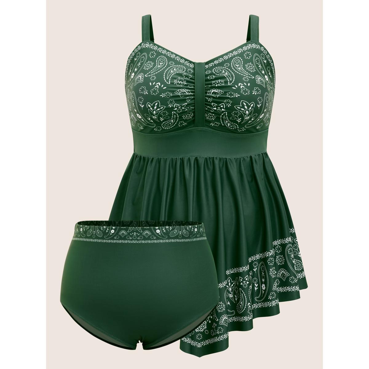 Plus Size Paisley Print Ruched Adjustable Straps Swim Dress Women's Swimwear ArmyGreen Beach Bodycon Heart neckline High stretch Curve Swim Dresses BloomChic 26/4X Product Image