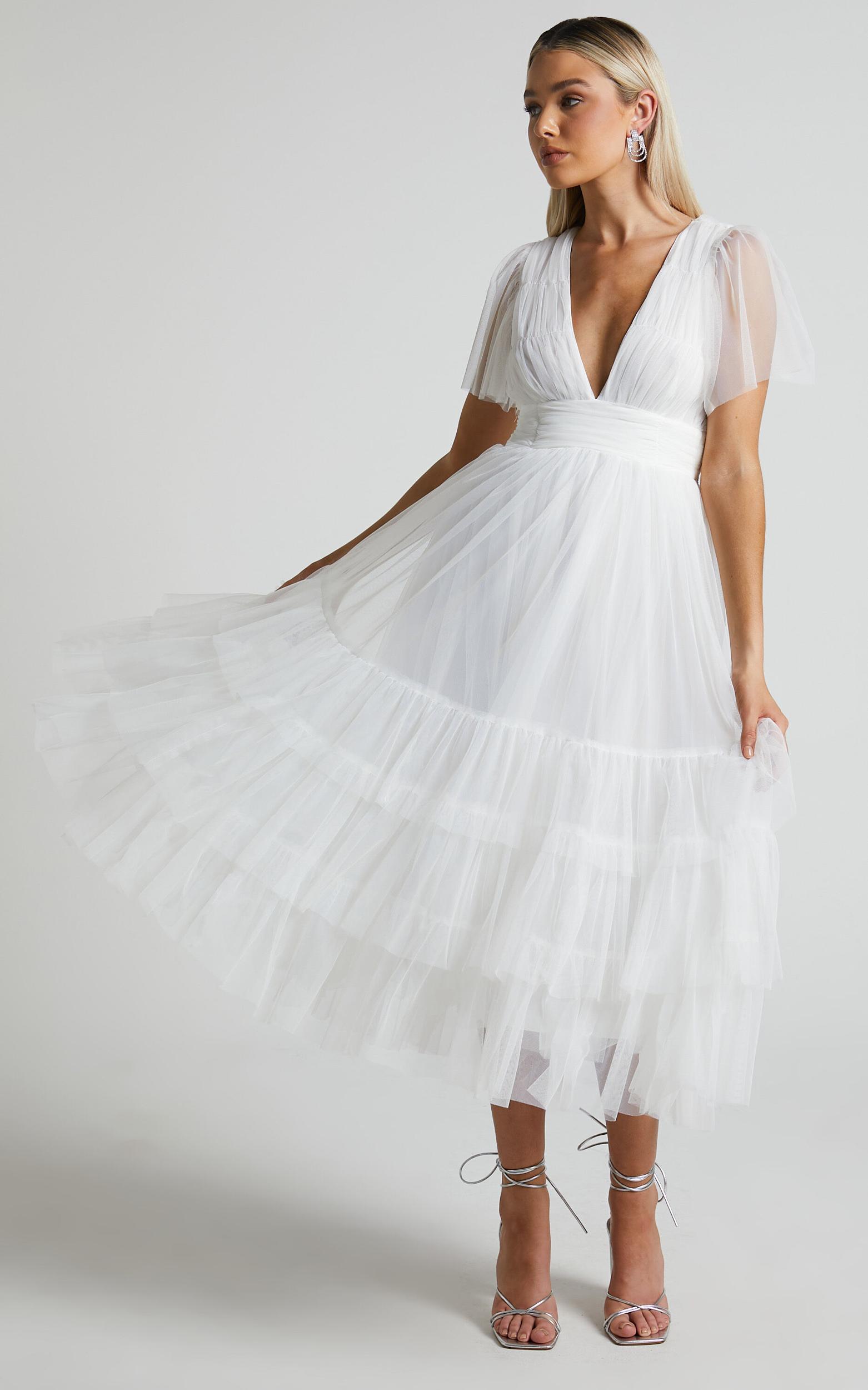 Jiraye Midi Dress - Flutter Sleeve Tuelle Plunge Dress in White Product Image