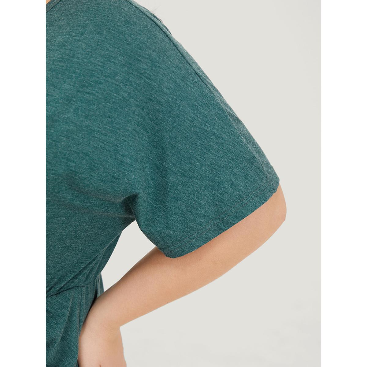 Plus Size Solid Ruched Drawstring Hem Bodycon Dress Cyan Women Elegant Ruched Round Neck Short sleeve Curvy Short Dress BloomChic 12/L Product Image