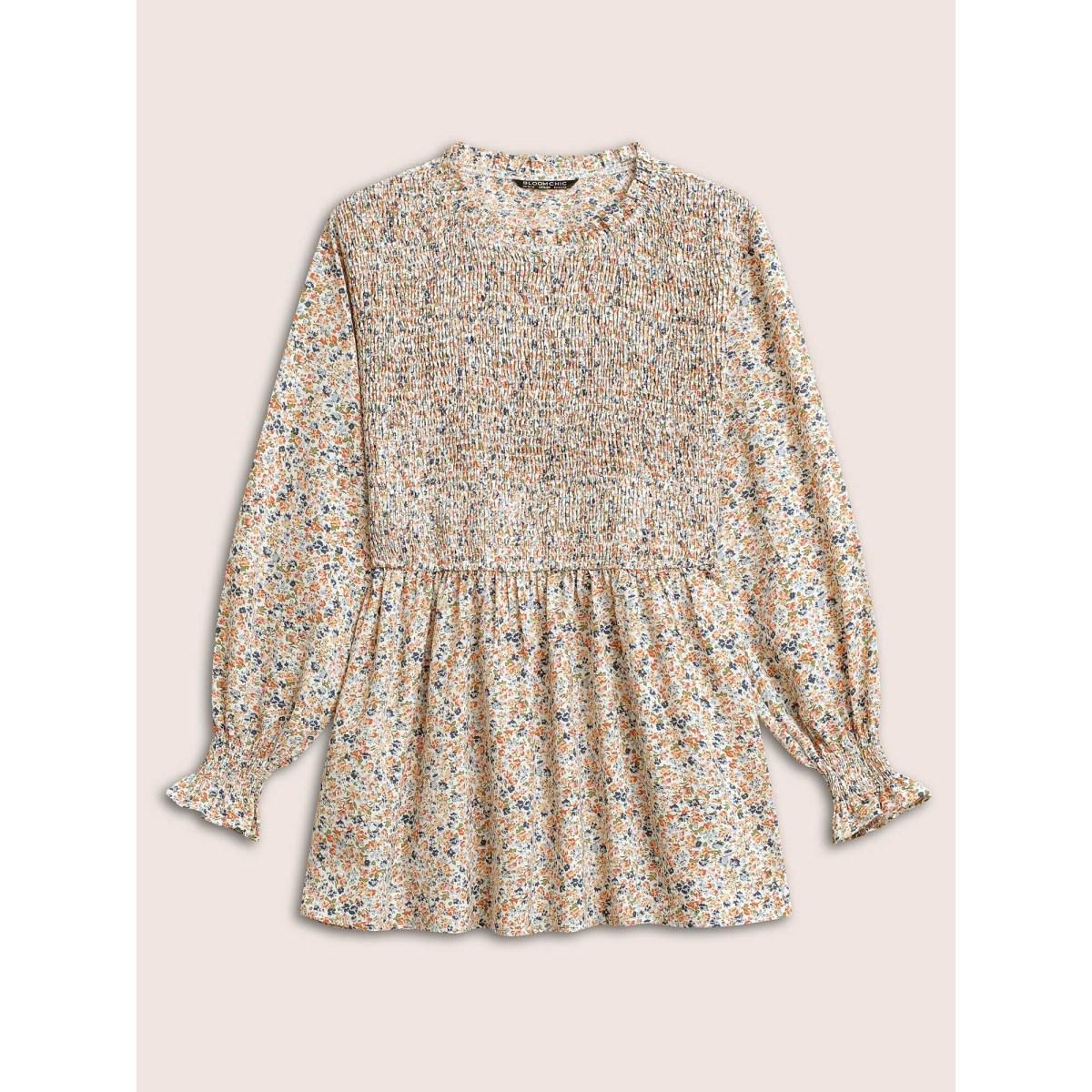 Plus Size Multicolor Ditsy Floral Shirred Elastic Waist Puff Sleeve Blouse Women Elegant Long Sleeve Round Neck Dailywear Blouses BloomChic 30/6X Product Image