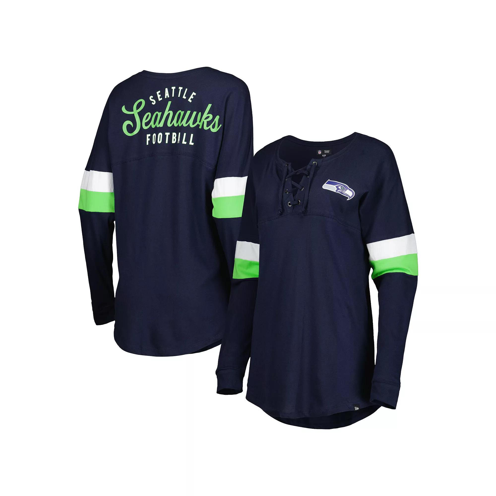 Women's New Era College Navy Seattle Seahawks Athletic Varsity Lace-Up Long Sleeve T-Shirt,  Product Image