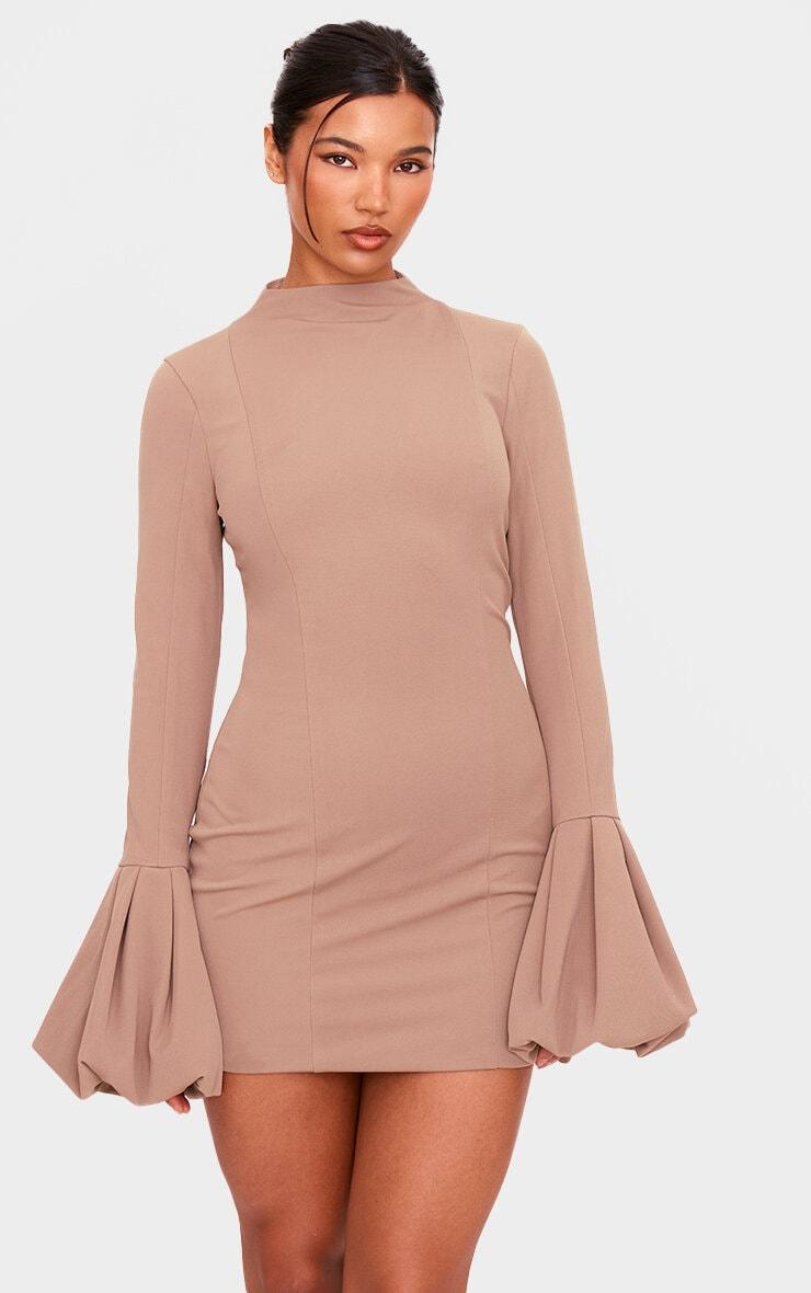 PLT Label Taupe High Neck Puff Sleeve Bodycon Dress Product Image