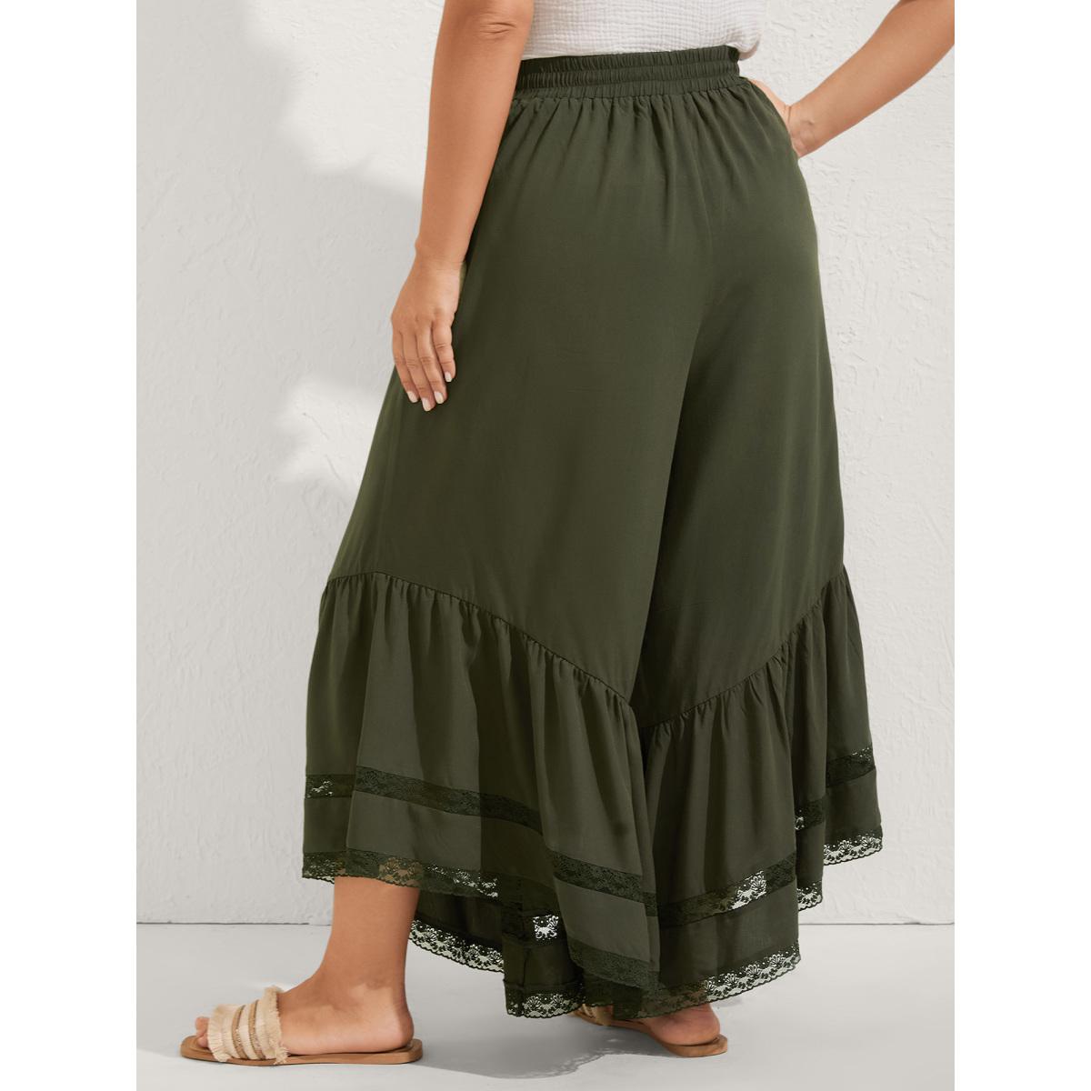 Plus Size Ruffled Lace Hem Wide-Leg Pants Women ArmyGreen Loose Mid Rise Vacation Pants BloomChic 14-16/1X Product Image