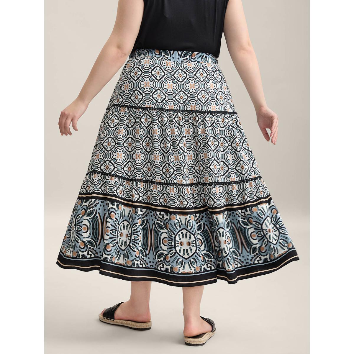 Plus Size Boho Print Spliced Tiered Maxi Skirt Women BlackFlower Resort Patchwork Loose No stretch Side seam pocket Vacation Skirts BloomChic 28/5X Product Image