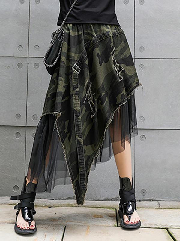 A-Line Loose Asymmetric Camouflage Elasticity Fringed Mesh Split-Joint Skirts Bottoms Product Image