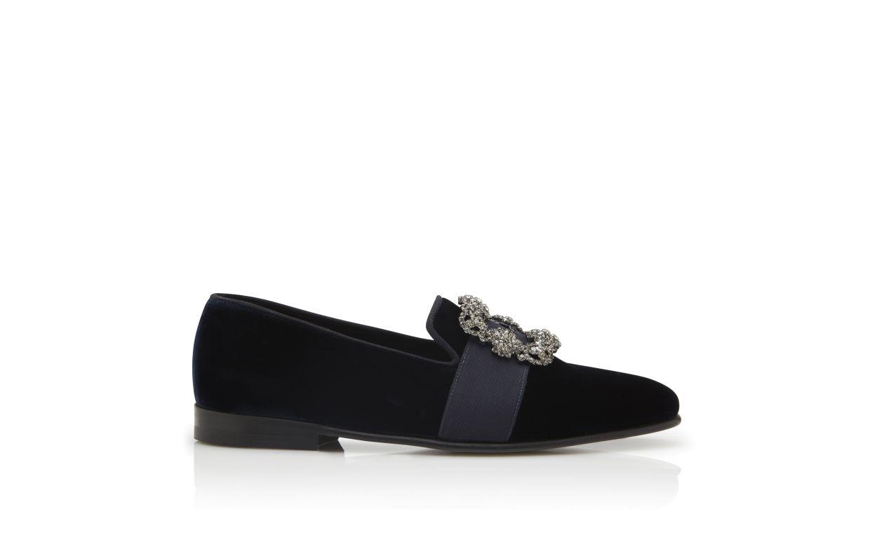CARLTON Navy Blue Velvet Jewelled Buckle Loafers Product Image
