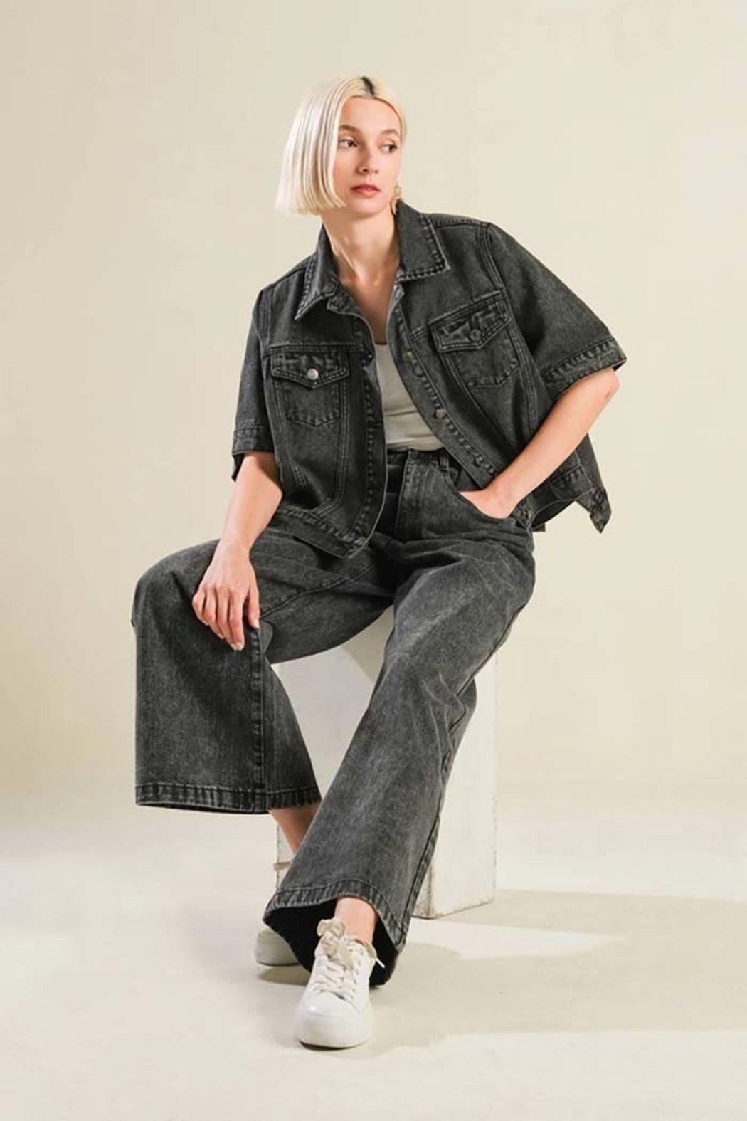 Washed Denim Cropped Batwing Jacket Product Image
